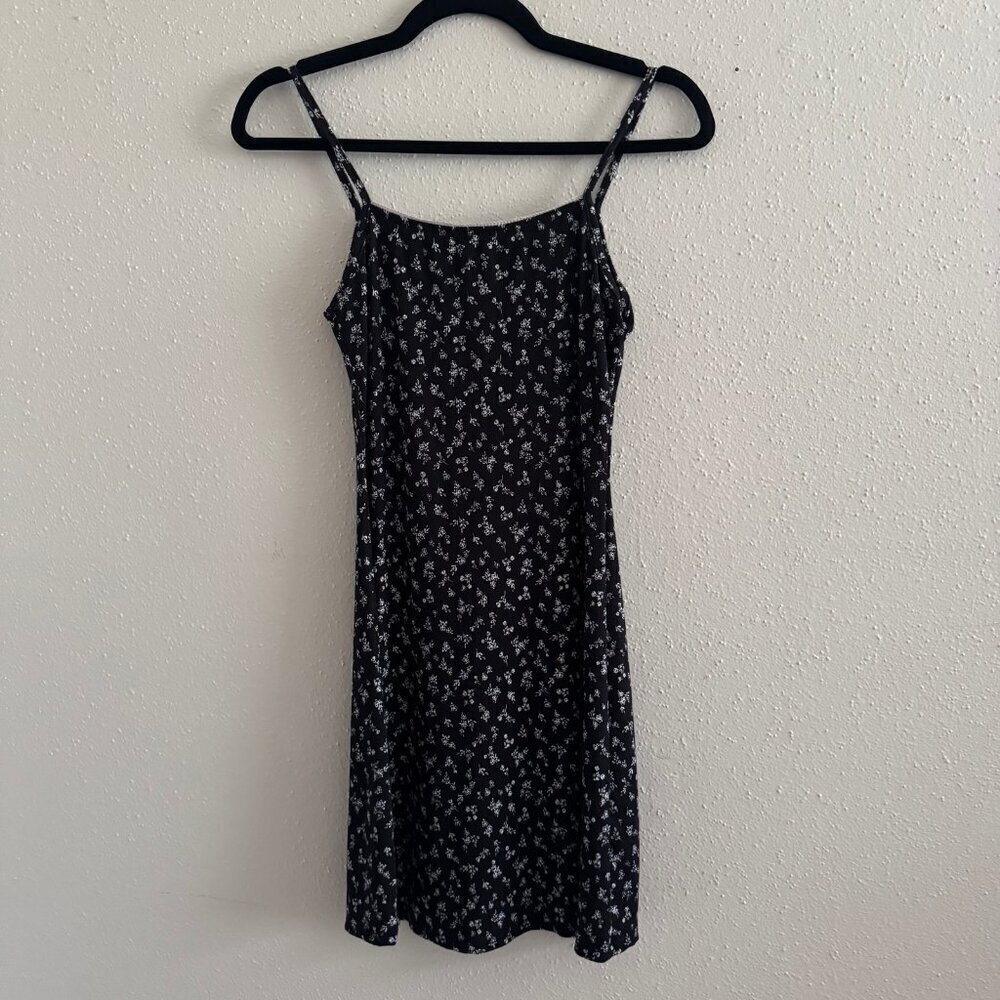 See You Monday Black Floral Ribbed Mini Dress